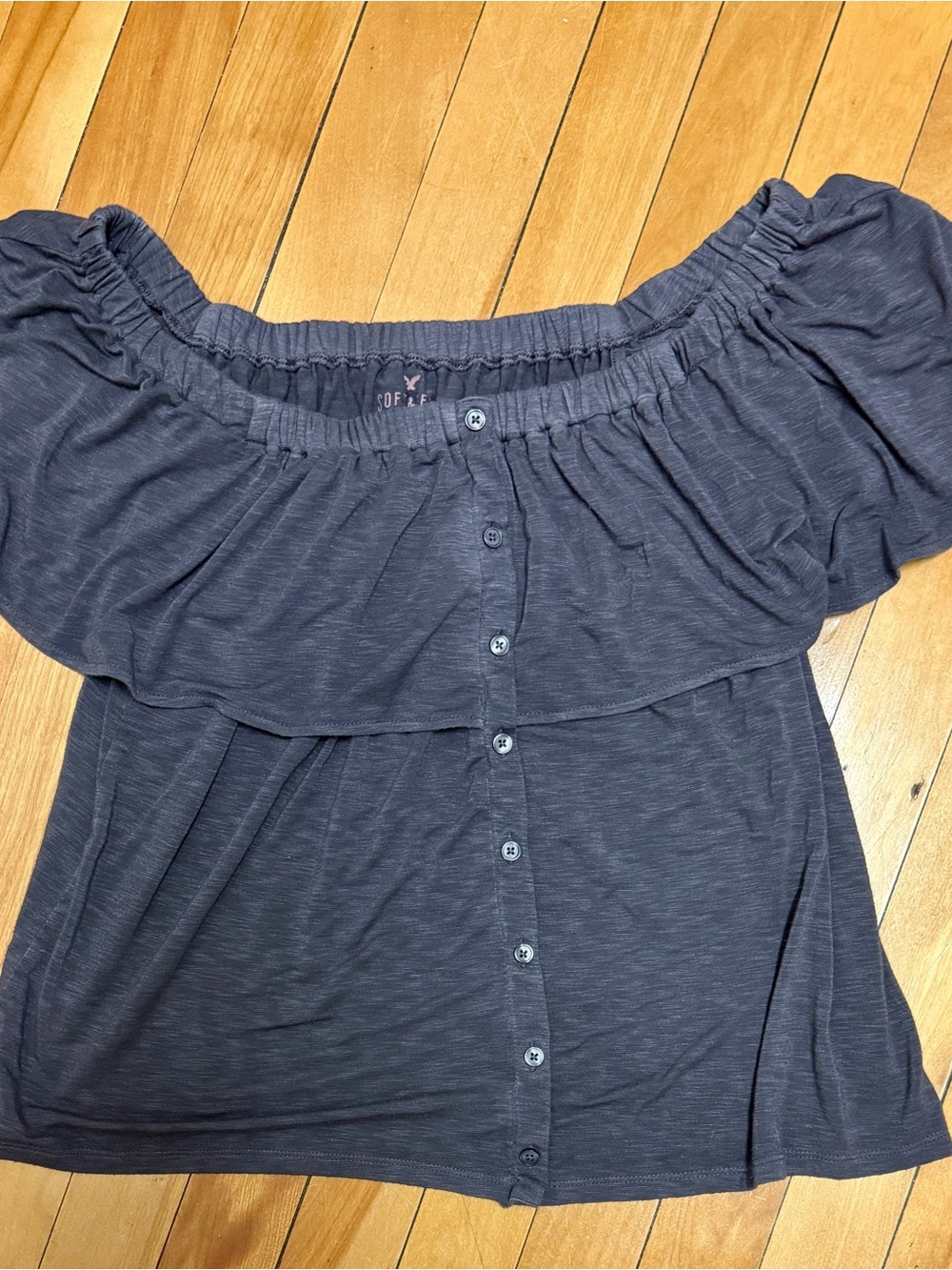 American Eagle Outfitters Navy Off-Shoulder Button-Down Top
